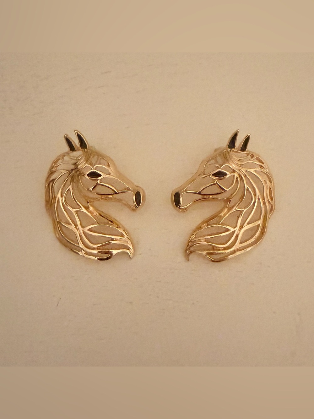 Gold Horse Head Earrings - black enamel NEW Sculpted Mane Design